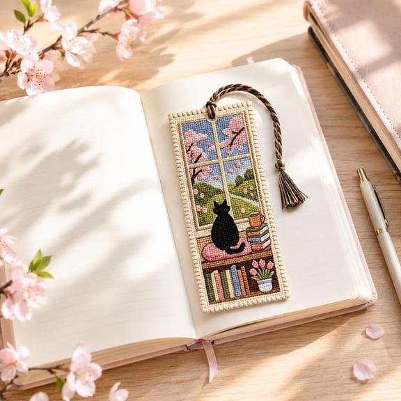 Seasonal Cat Cross Stitch Bookmark, Spring Floral Kitten Embroidery Bookmark With Tassel, Lovely Handcraft Gift For Book Lovers And Students (Spring)