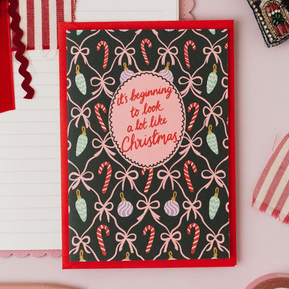 Seasonal Christmas Card "It's Beginning to Look a Lot Like Christmas" Design Festive Decorations Envelope Included, Blank Inside Perfect Holiday Greeting for Friends and Family