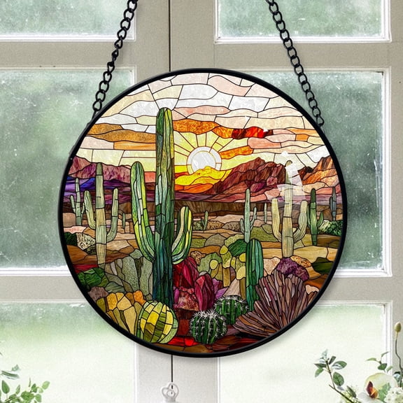 Seasonal Christmas Gift - Cactus Halloween Christmas Stained Glass Hanging Ornament - Holly & Pine Holiday Tree Decoration, Gift for Friends, Family, Mom & Dad
