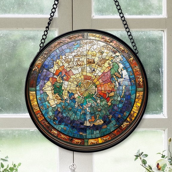 Seasonal Christmas Gift - World map Stained Glass Hanging Ornament - Reindeer & Bells Christmas Tree Decor, Holiday Gift for Mom, Dad, Friends, Family