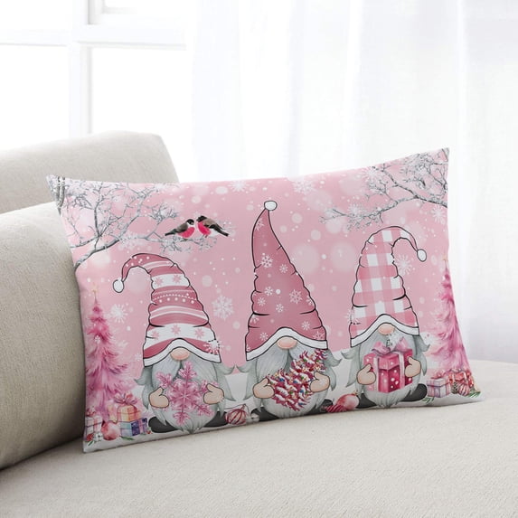 Seasonal Christmas Gnomes Throw Pillow Cover, Winter Branch Pink Xmas Rectangle Decorative Pillow Case Protector Soft Cushion Cover Lumbar Pillowcase for Couch Sofa Bedroom Car Chair Decor 20x30 Inch
