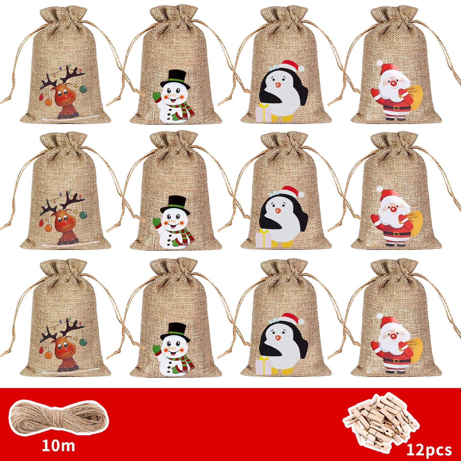 Seasonal Clearance! Christmas Linen Gift Bags with Drawstring Tie