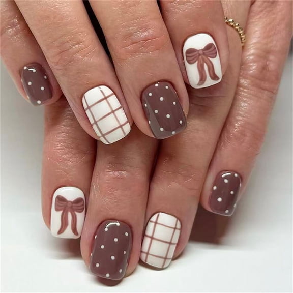Seasonal Coffee Brown Bowknot Checkered False Nails 24Pcs Glossy Short Square Artificial Nails With White Polkas Dots ABS Materials Application