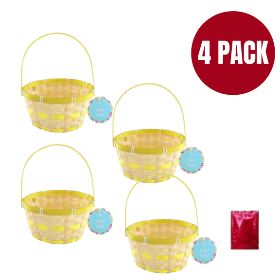 Seasonal Collection Easter Pastel Bamboo Baskets (4 Pack Bundle)  Assorted Colors with Long Handles for Egg Hunts and Bonus LaPrima Morceau Bonbon