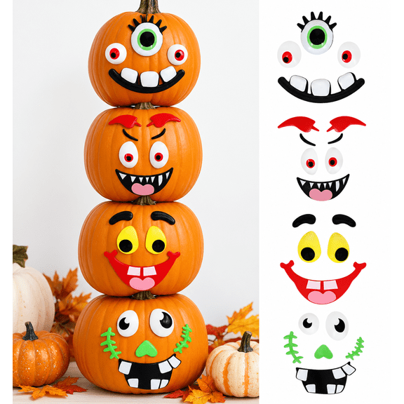 Seasonal Collection Pumpkin Decorating Kit, Spooky Faces, Reusable. Push Design. No Curving