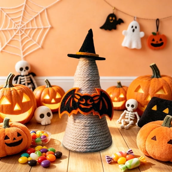 Seasonal Fall Halloween Decor, Rope Wrapped Cone Tabletop Ornament, Cute Ghost Bat Pumpkin Felt Decoration, Witch Hat Tray Accessory for Household Festival Layout(E,10.24*4.33*4.33in)
