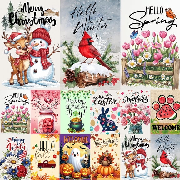 Seasonal Garden Flags Set of 12 Double Sided 12 x 18 Inch, Small Yard Flags for Outside, Christmas Easter Valentine's Day Outdoor Decor, Hello Spring Holiday Garden Decorations for All Seasons