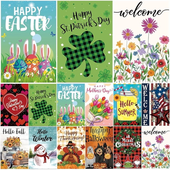 Seasonal Garden Flags Set of 12 Double Sided 12x18 Inch, Small Yard Flags for Outside, Spring Summer Fall Winter & Holiday Outdoor Decor, Halloween Christmas Easter Decorations for All Seasons