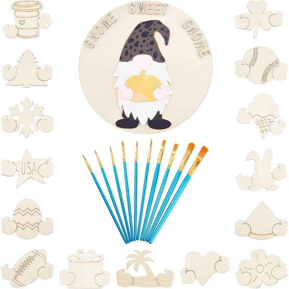 Seasonal Gnome Welcome Door Sign Interchangeable Wooden Wall Hanging Outdoor Rustic Hanging Porch Decor Round Wreath Front Door with Brush for Birthday Festivals Front Door Decor for DIY