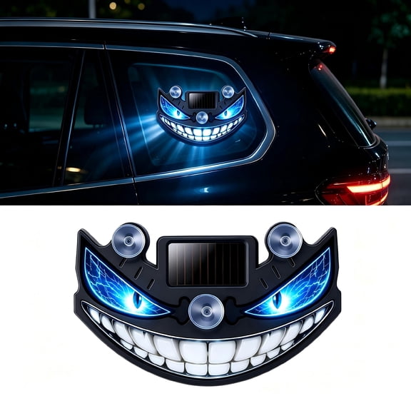 Seasonal Halloween Car Window LED Light, Solar Powered Monster Smile Atmosphere Sign for Vehicles, Wireless Suction Cup Decor Device, 4.7×3 Inch
