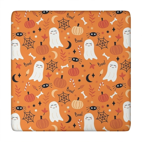 Seasonal Halloween Table Cover 34x34 Square - Elastic Hem Stretch Fabric with Spooky Pumpkin and Ghost Design for Holiday Dining