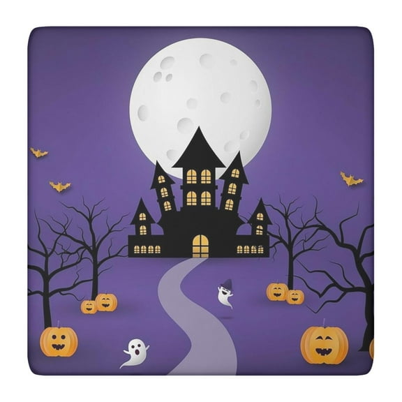 Seasonal Halloween Table Cover 36x36 Square - Elastic Hem Stretch Fabric with Spooky Pumpkin and Ghost Design for Holiday Dining