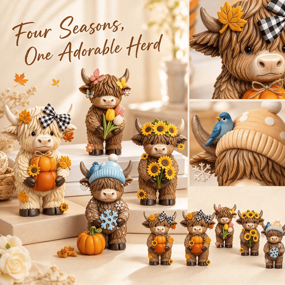 Seasonal Highland Cow Figurines Set of 4, Resin Highland Cows Figurines with Spring Summer Fall Winter Theme, Highland Cow Desk Decor for Tabletop, Kitchen, Office and Farmhouse Home Decoration(#3)