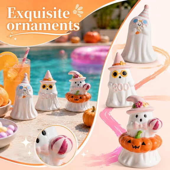 Seasonal Holiday Accent, Ghost Halloween Decor, Halloween Decorations for Home, Pastel Halloween Decor, 4X2X10 Inch Ceramic Ghost Pool Floating Display Ornament with Pink Bow and