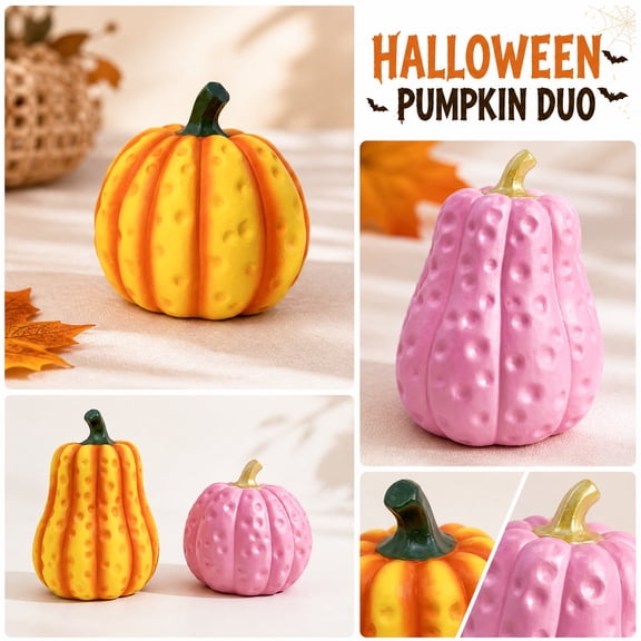 Seasonal Home Decor, 2-Piece Pink Resin Pumpkins, Pink Halloween Decorations for Home Display, Fall Decor Pumpkins for Living Room Shelves, Distinct Bumpy Textured Design,
