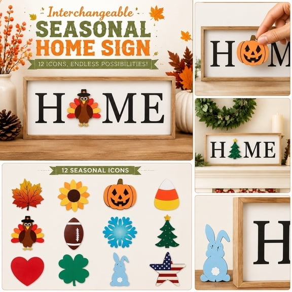 Seasonal Home Decor, Interchangeable Wooden "Home" Table Sign, for Halloween Home Decor Indoor, Fall Home Decor Indoor and Farmhouse Home Decor, Holiday Display Gift, Wood