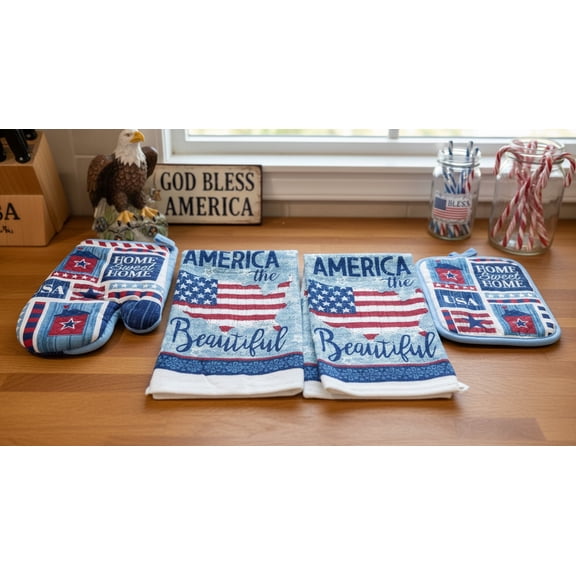 Serafina Home Seasonal Kitchen Patriotic Dish Towel Sets: Fun Patriotic America The Beautiful Kitchen Set