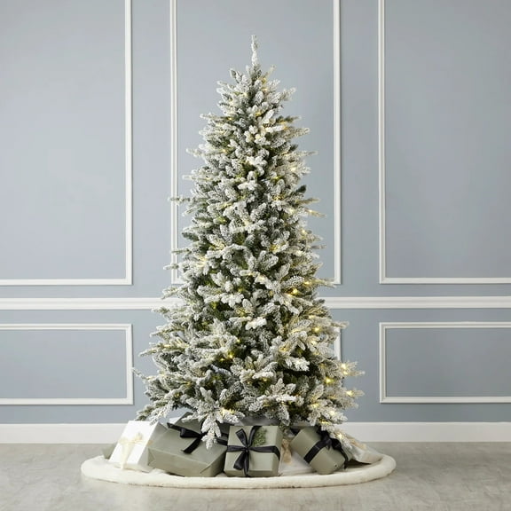 Seasonal LLC 6FT Bluffton Flocked Pine Christmas Tree, 38 Inches Diameter, Pre-Strung with 300 RGBW LED Lights, Long-Lasting LED Bulbs, Hand Held Remote, Tree Storage Bag