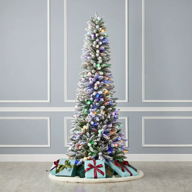 Seasonal LLC 6ft Snow Kissed Pine Flocked Slim Christmas Tree, 26 Inches Diameter, Pre-Strung with 200 Multicolor LED Lights, Long-Lasting LED Bulbs