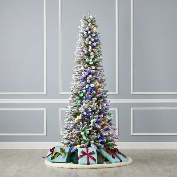 Seasonal LLC 7ft Snow Kissed Pine Flocked Slim Christmas Tree, 30 Inches Diameter, Pre-Strung with 250 Multicolor LED Lights, Long-Lasting LED Bulbs