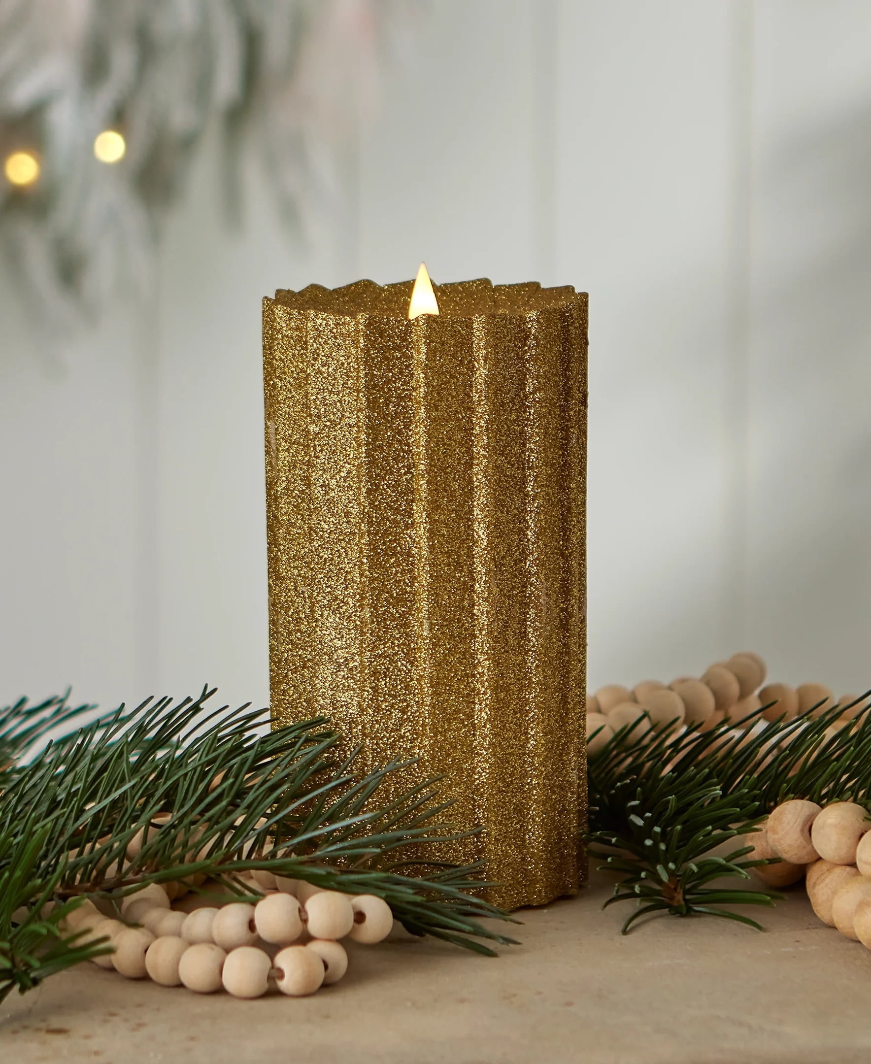 Seasonal LLC Sutton Fluted Flameless LED Pillar Candle 4 x 8 | 3D Moving Flame | Adjustable Brightness | Battery Operated | Flickering Flame | Real Wax Body, Gold