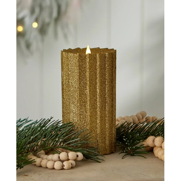 Seasonal LLC Sutton Fluted Flameless LED Pillar Candle 4 x 8 | 3D Moving Flame | Adjustable Brightness | Battery Operated | Flickering Flame | Real Wax Body, Gold