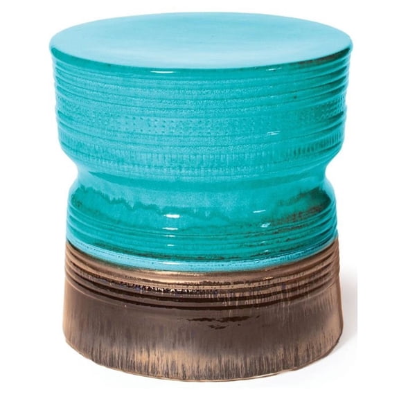 Seasonal Living Ceramic Ancaris Modern Stool in Aquamarine Blue/Metallic Gold