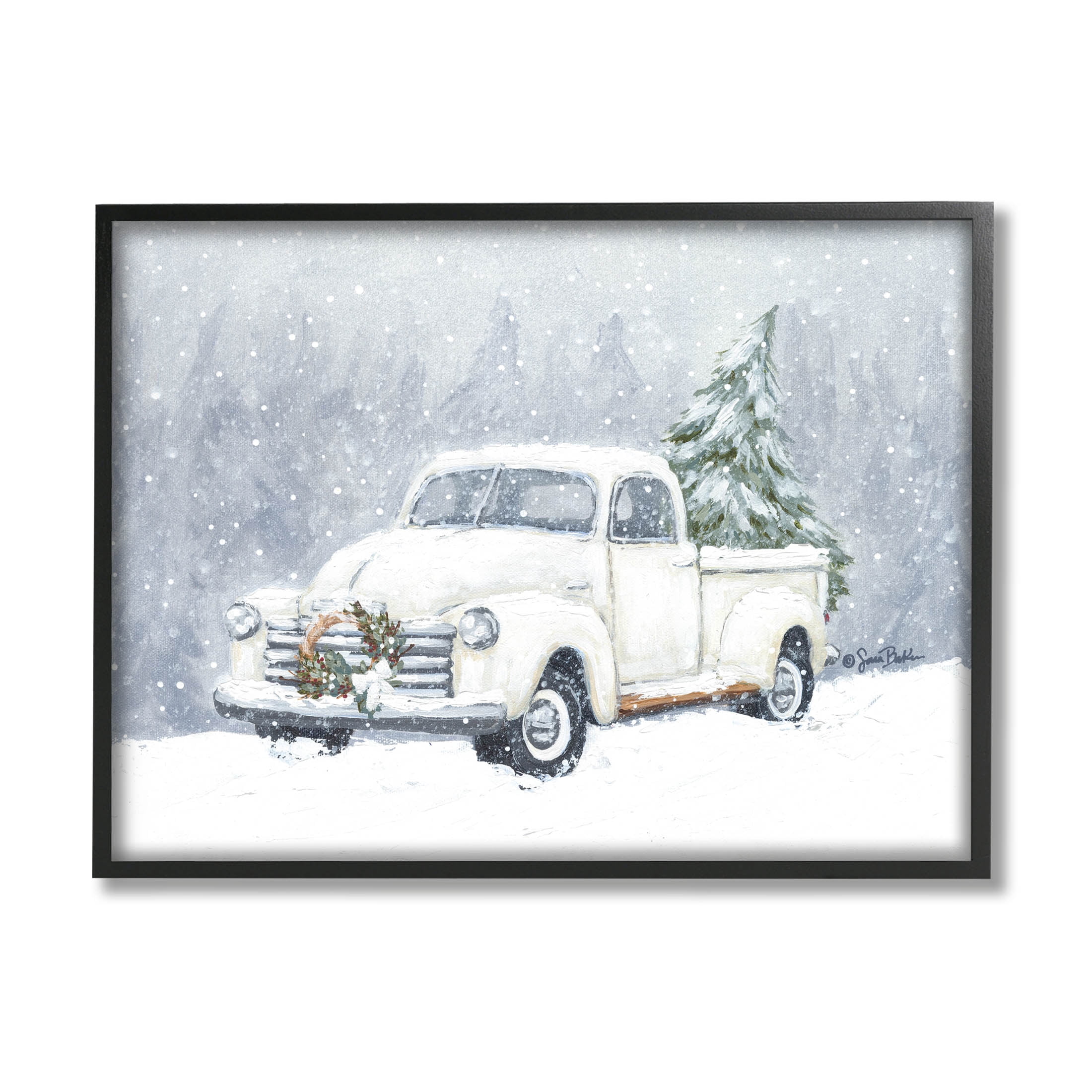 Seasonal Niveous Snow Truck Scene Holiday Painting Black Framed Art Print Wall Art
