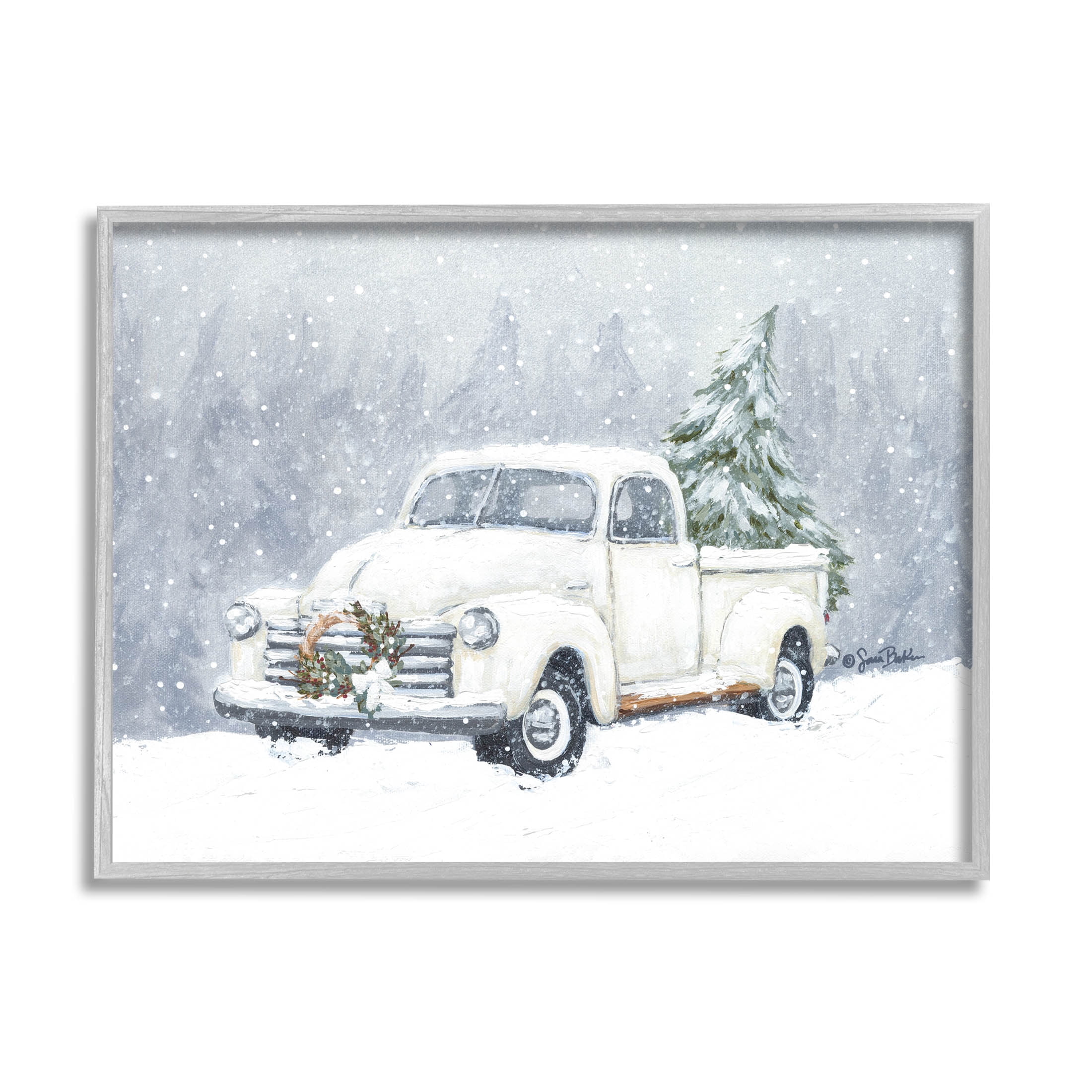 Seasonal Niveous Snow Truck Scene Holiday Painting Gray Framed Art Print Wall Art