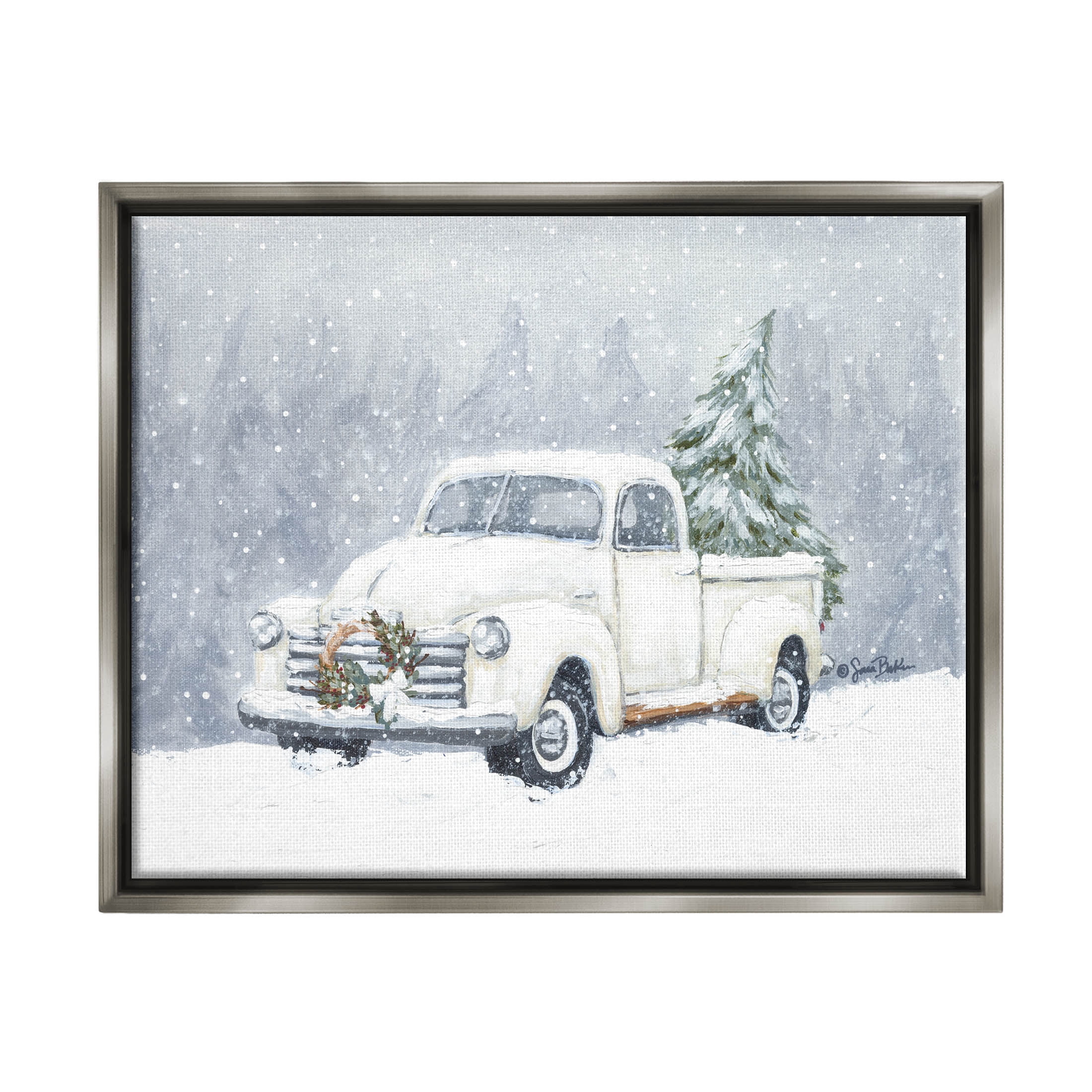 Seasonal Niveous Snow Truck Scene Holiday Painting Luster Gray Framed Art Print Wall Art
