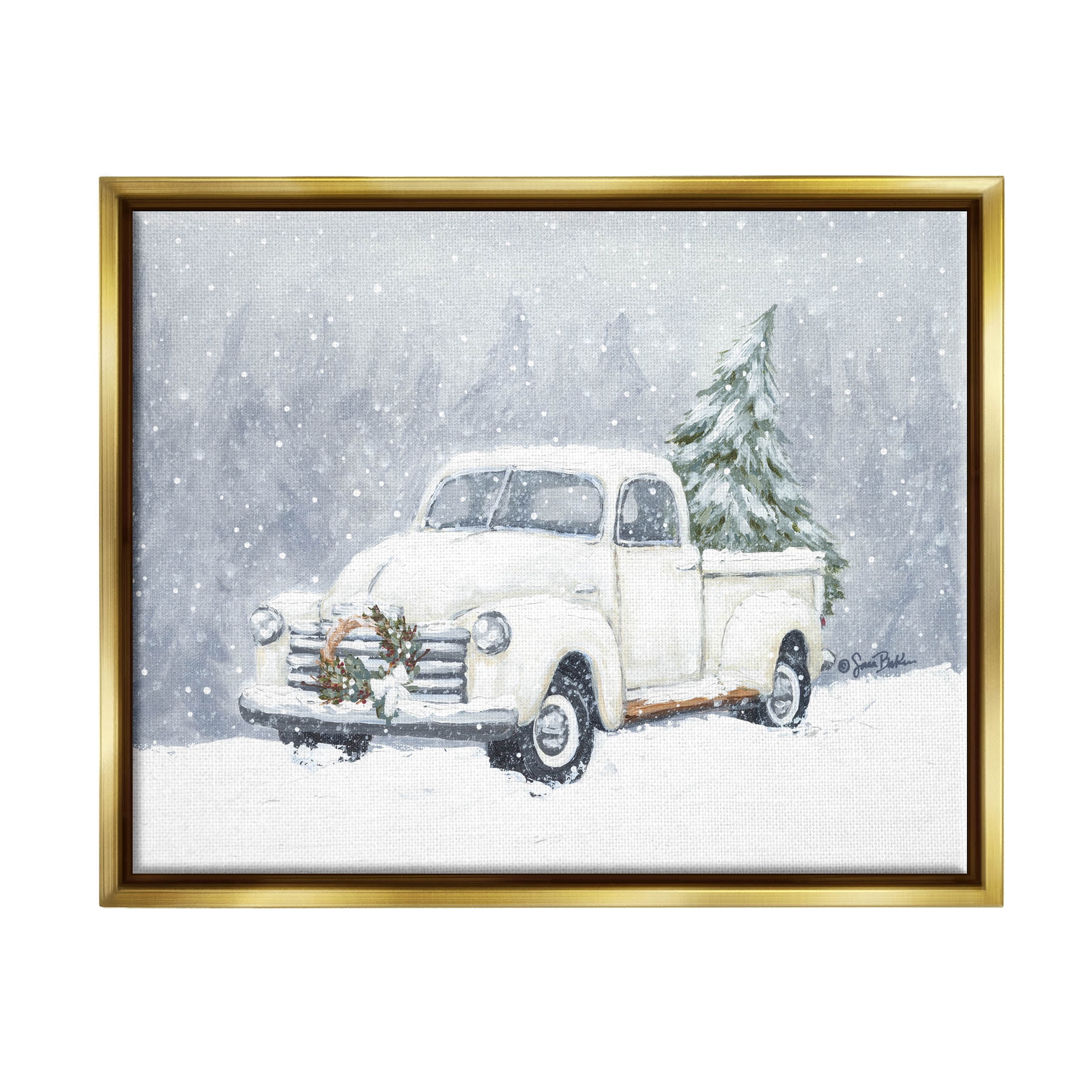 Seasonal Niveous Snow Truck Scene Holiday Painting Metallic Gold Framed Art Print Wall Art