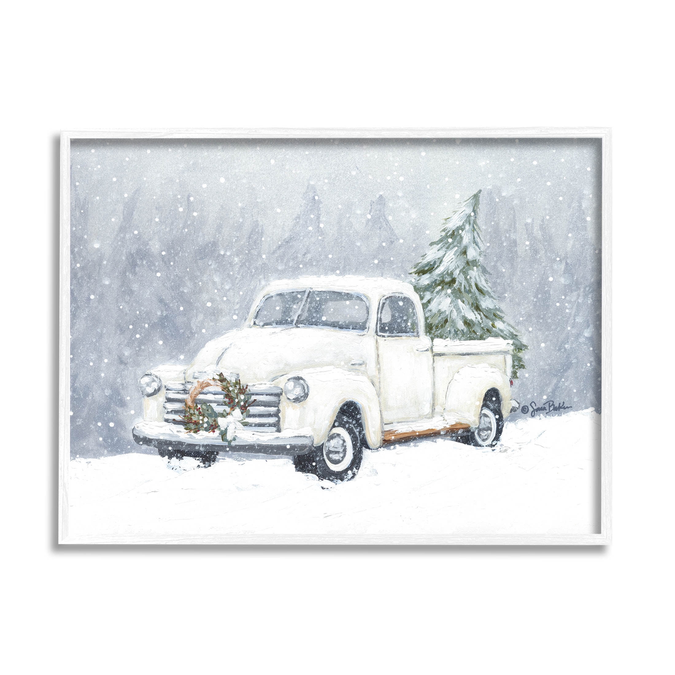 Seasonal Niveous Snow Truck Scene Holiday Painting White Framed Art Print Wall Art