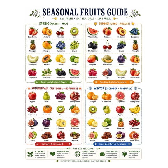 Seasonal Produce Chart Poster Canvas Art Healthy Kitchen Decor Food Guide