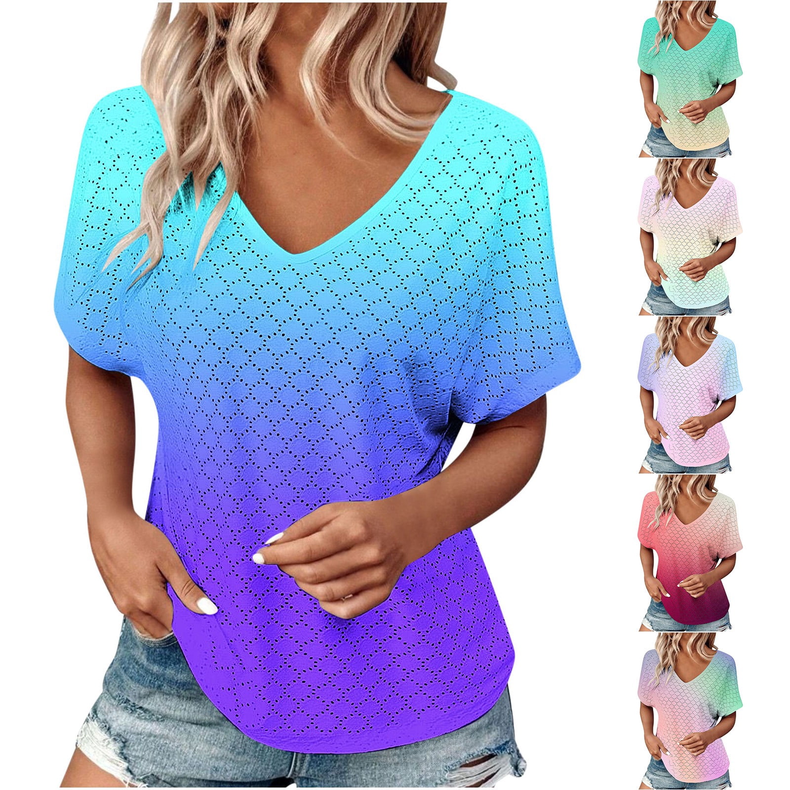 Seasonal Savings, Women's Fashion Solid Color Short-Sleeved V-neck Loose Casual Tops, Stylish, Comfortable for Everyday Casual Wear | Sopatenor, Blue L