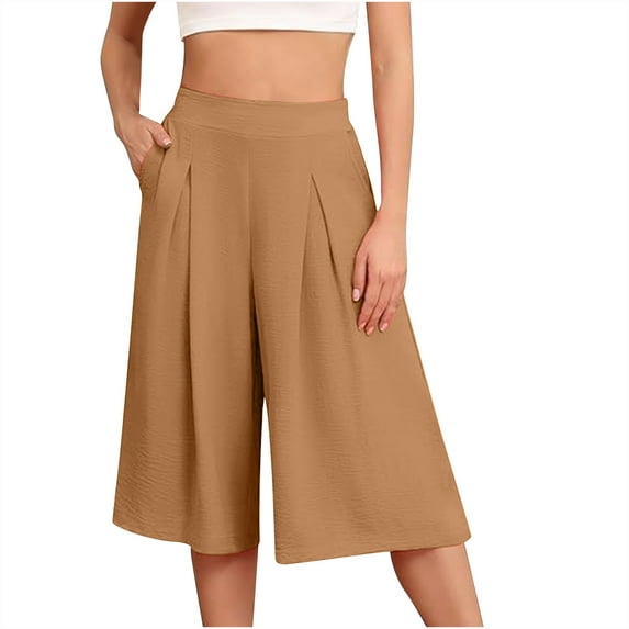 Seasonal Savings, Women's Wide Leg Cropped Pants, High Waisted, Lightweight, Loose Fit, Pockets, Casual, Travel, Comfortable, Denim, Women's Long Leisure Pants | Khaki M, SOPABC