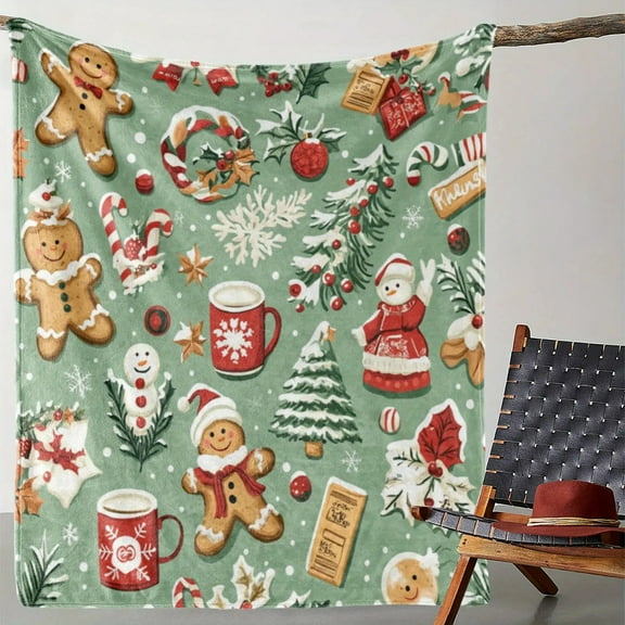 Seasonal Snuggle, Cozy Flannel Christmas Blanket with Gingerbread for Man, Tree & Candy Cane Design - Soft, Warm Throw for Sofa, Bed, Car, Office, Camping - Versatile All-Season Gift