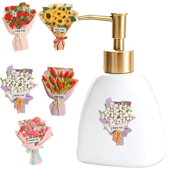 Seasonal Soap Dispenser Magnetic Set with Interchangeable Resin Ornaments, Decorative Refillable Soap Pump for Bathroom Kitchen, Gift for Easter and Mother’s Day
