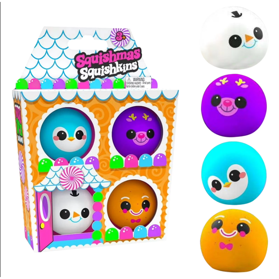 Seasonal Squishmas Squishkins 4-Pack - Premium Dough-Filled Stress Balls for Tension Relief, Desk Accents & Holiday Gifting - Soft Touch Texture