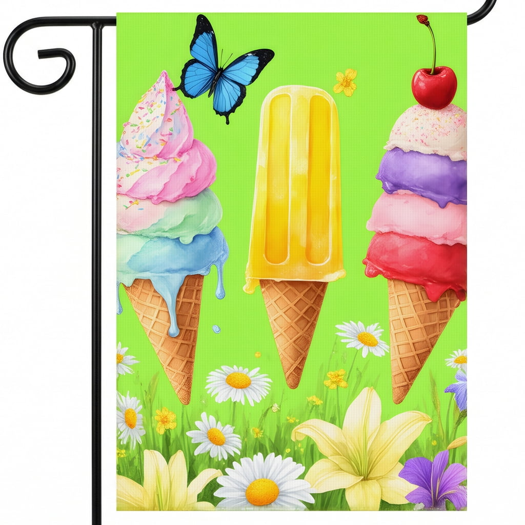 Seasonal Summer Garden Flags A Group of Ice Cream Cones Sitting on Top of a Lush Green Field Decorative Full Size 28x40" Guest Welcome Flag.