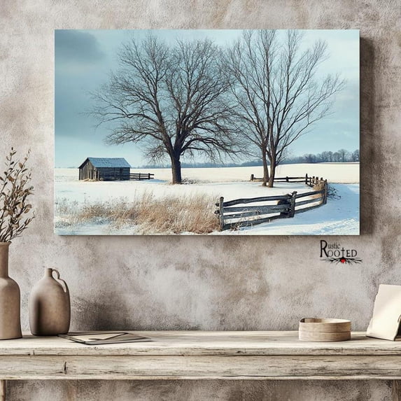 Seasonal Winter Farmhouse Barn Country Scene Wall Art Poster, Stretched Size 8x12