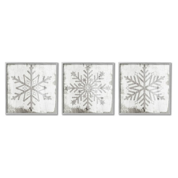 Seasonal Winter Snowflake Snow Shapes Holiday Graphic Art Gray Framed Art Print Wall Art, Set of 3