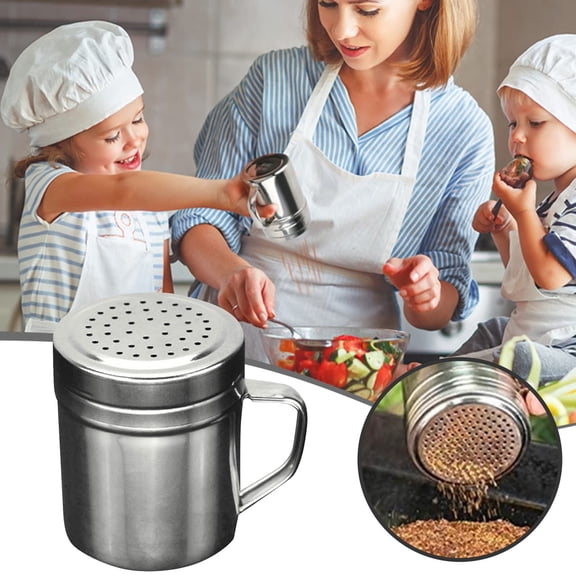 Seasoning 1 Stainless Steel Powder Shaker With Handle And Fine Mesh Sieve For Outdoor BBQ Seasoning Bottle Seasoning 1 Stainless Steel Powder Shaker With Handle, 3.54×2.76 inch, Silver