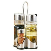 Seasoning Bottle Set Condiment Holder Seasoning Rack Four-in-One Oil Vinegar Dispensers Salt Pepper Shakers Glass Cruet Set with Convenient Caddy Stand Stainless Steel Tops