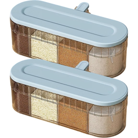 Seasoning Box With Lid And Spoon, Clear Kitchen Condiment Organizer For Pantry Coffee Bar, Four Compartment Countertop Spice Container For Salt Sugar Pepper