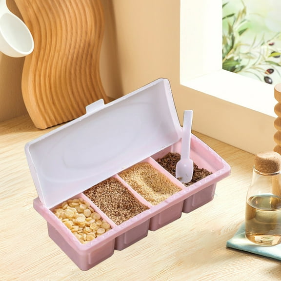 Seasoning Box With Lid And Spoon Kitchen Organizer, Multi Compartment Spice Storage Container Flip Cover Condiment Holder For Countertop Picnic Food Storage Serving Organizer