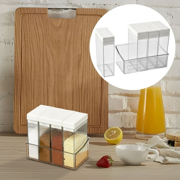 Seasoning Box Set for Kitchen | 4 Compartment Spice Organizer | Plastic Multi-Functional Storage Jar | Airtight Lid | Pepper Shaker | Easy Clean | 2 Pack | 15.2x11.7x6.6cm