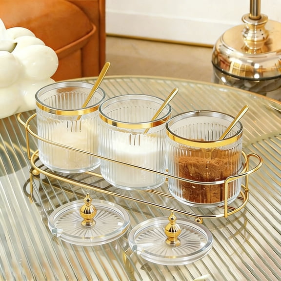 Seasoning Jars,Condiment Serving Tray,Spice Jar With Spoon,Coffee And Sugar Container Set of 3,Clear Plastic Canisters,Modern Condiment Pot With Tray for Salt Pepper Sugar Storage, for Kitchen, Home