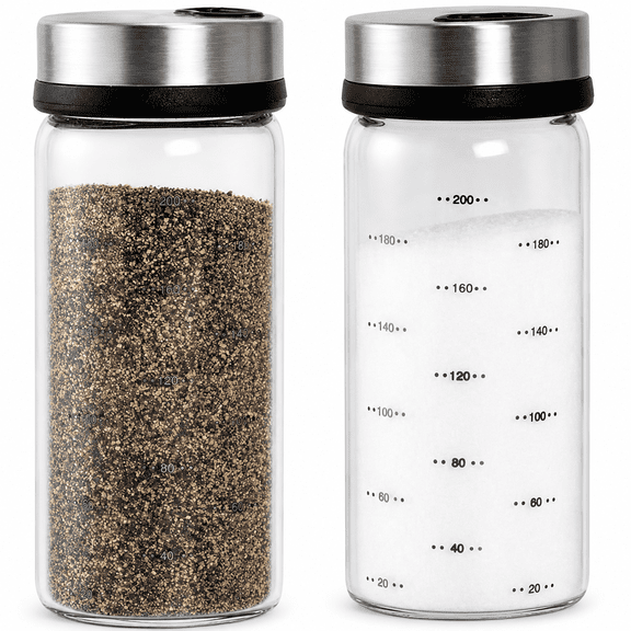 ABCISI Salt and Pepper Shakers Set, 2 Pcs Glass Seasoning Jars with 304 Stainless Steel Adjustable Pour Lids, 200 mL Spice Dispensers for Himalayan, Kosher and Sea Salt, Kitchen Table