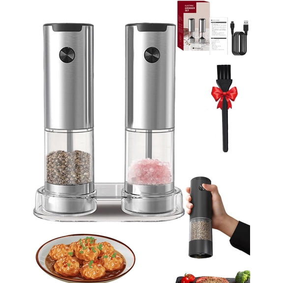 Seasonmate – Stainless Steel Electric Salt & Pepper Grinder Set with Five Adjustable Coarseness & LED Light(2 Grinders + Base), Upgraded Large Capacity, Ideal for Kitchen, BBQ & Gift Giving (1Pcs)