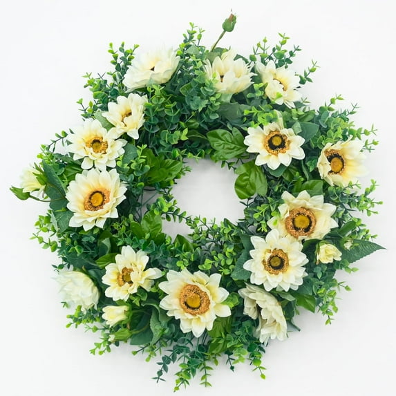 Seasons 20" Artificial Sunflower Wreath, Spring Wreaths for Front Door Decor White